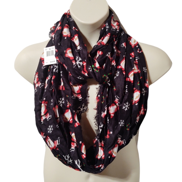 NWT Christmas Santa Claus Snowflake Black Fringe Infinity Loop Scarf - Picture 1 of 4